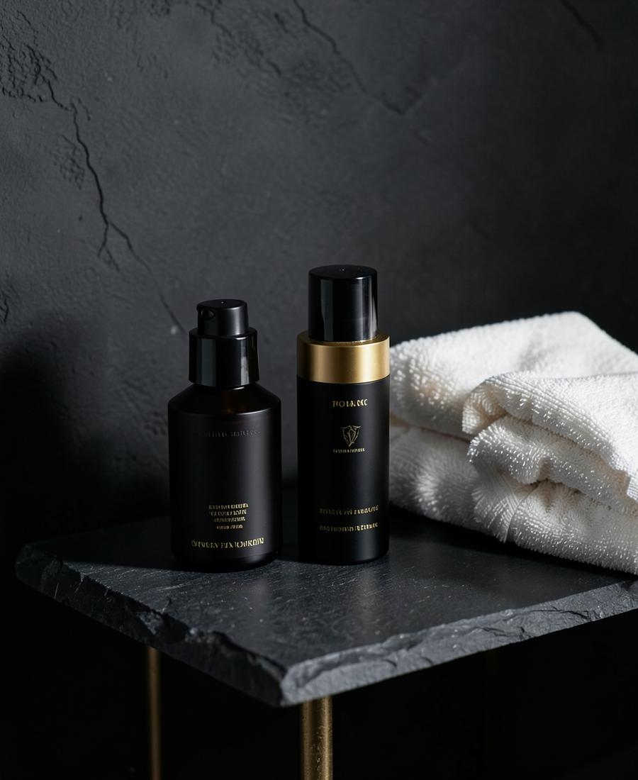 Produtos premium de barbearia sobre pedra escura