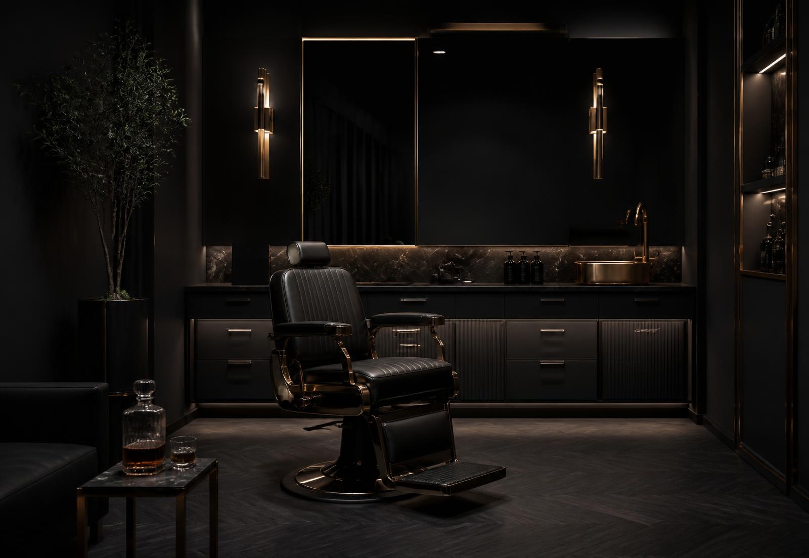 Interior da Barbearia Vaune com iluminação suave e detalhes dourados